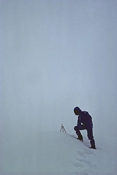 Reinhold Messner standing on the summit of Mount Everest during his solo ascent with no supplementary oxygen, August 20, 1980. © Reinhold Messner Collection